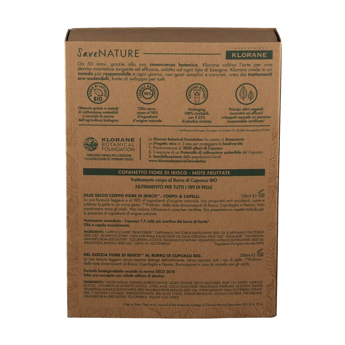 Retro della confezione del prodotto. Cartone marrone con testo e loghi. Informazioni sugli ingredienti e certificazioni.