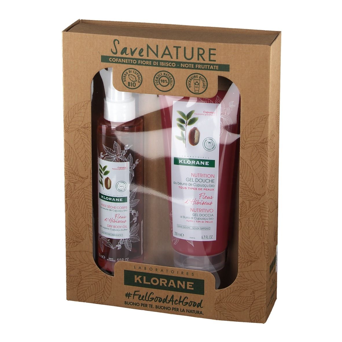 Confezione regalo con gel doccia e spray corpo. Tubi e flaconi rossi con logo. Imballaggio in cartone.