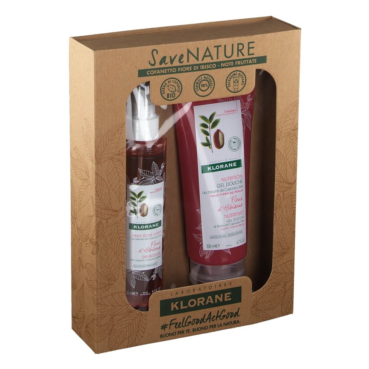 Confezione regalo con gel doccia e spray corpo. Tubi e flaconi rossi con logo. Imballaggio in cartone.