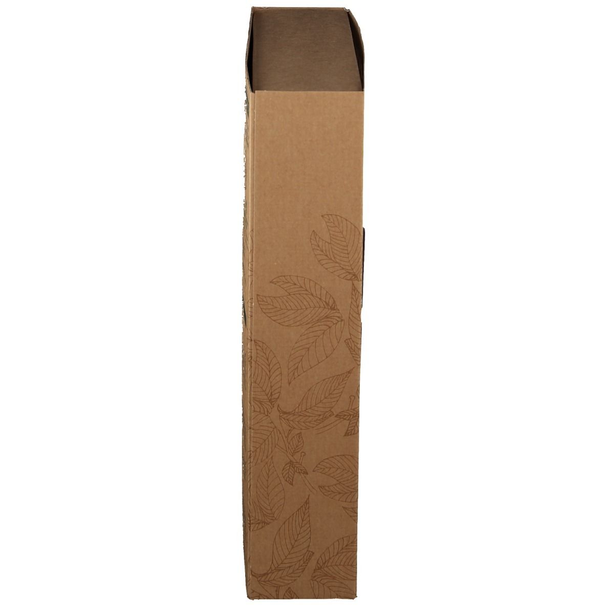 Vista laterale della confezione del prodotto. Scatola marrone con motivo a foglie. Codice a barre e informazioni.