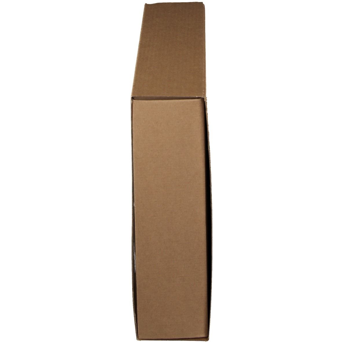 Scatola di cartone marrone, rettangolare, in posizione verticale. La parte superiore è leggermente aperta.