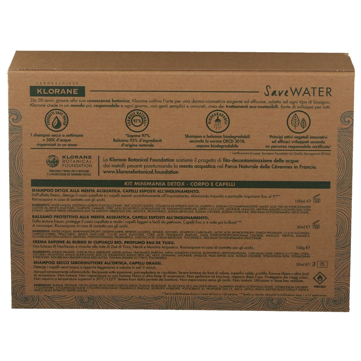 Retro della scatola di cartone con testo. Contiene informazioni sui prodotti e certificazioni.