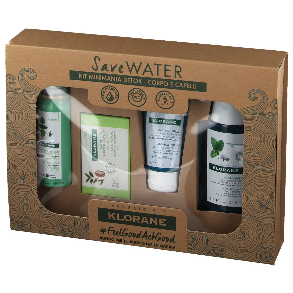 Confezione regalo con quattro prodotti in una scatola di cartone. Contiene flaconi, sapone e un tubetto.