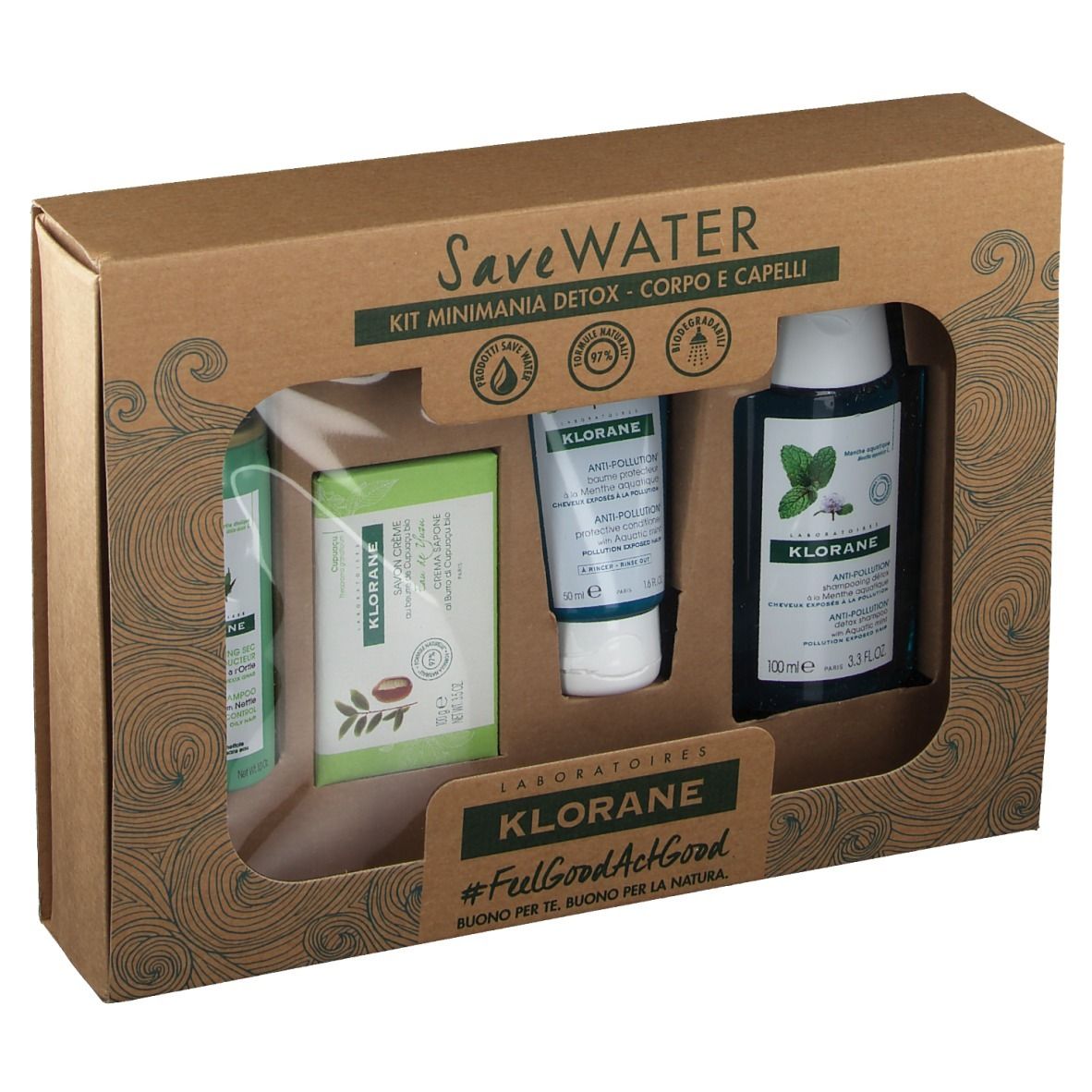 Confezione regalo con quattro prodotti in una scatola di cartone. Contiene flaconi, sapone e un tubetto.