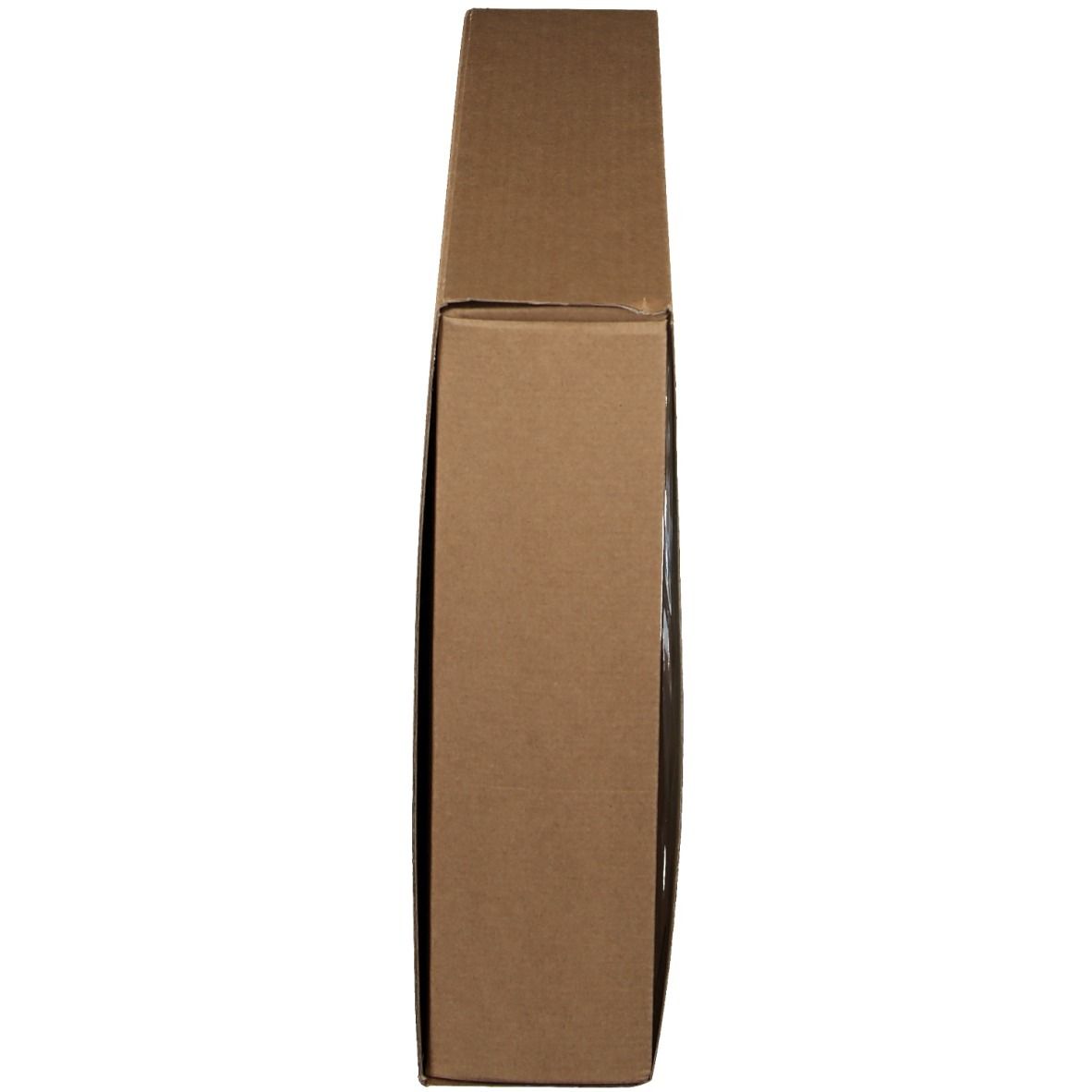 Scatola di cartone marrone, rettangolare, in posizione verticale. La parte superiore è leggermente aperta.