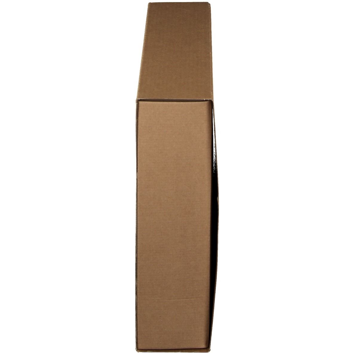 Confezione in cartone rettangolare marrone, vista laterale. Coperchio chiuso.