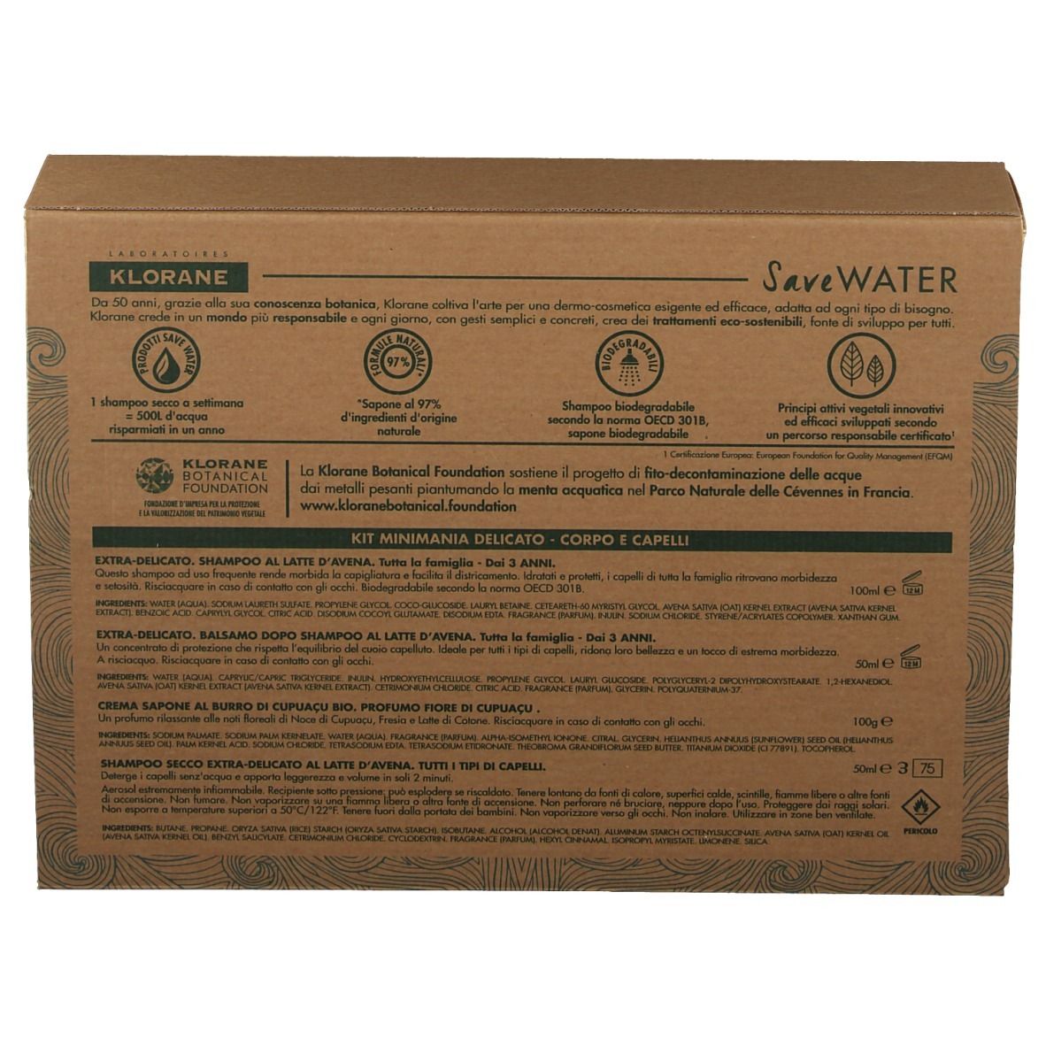 Retro della confezione in cartone. Testo multilingue. Contiene informazioni sul prodotto.