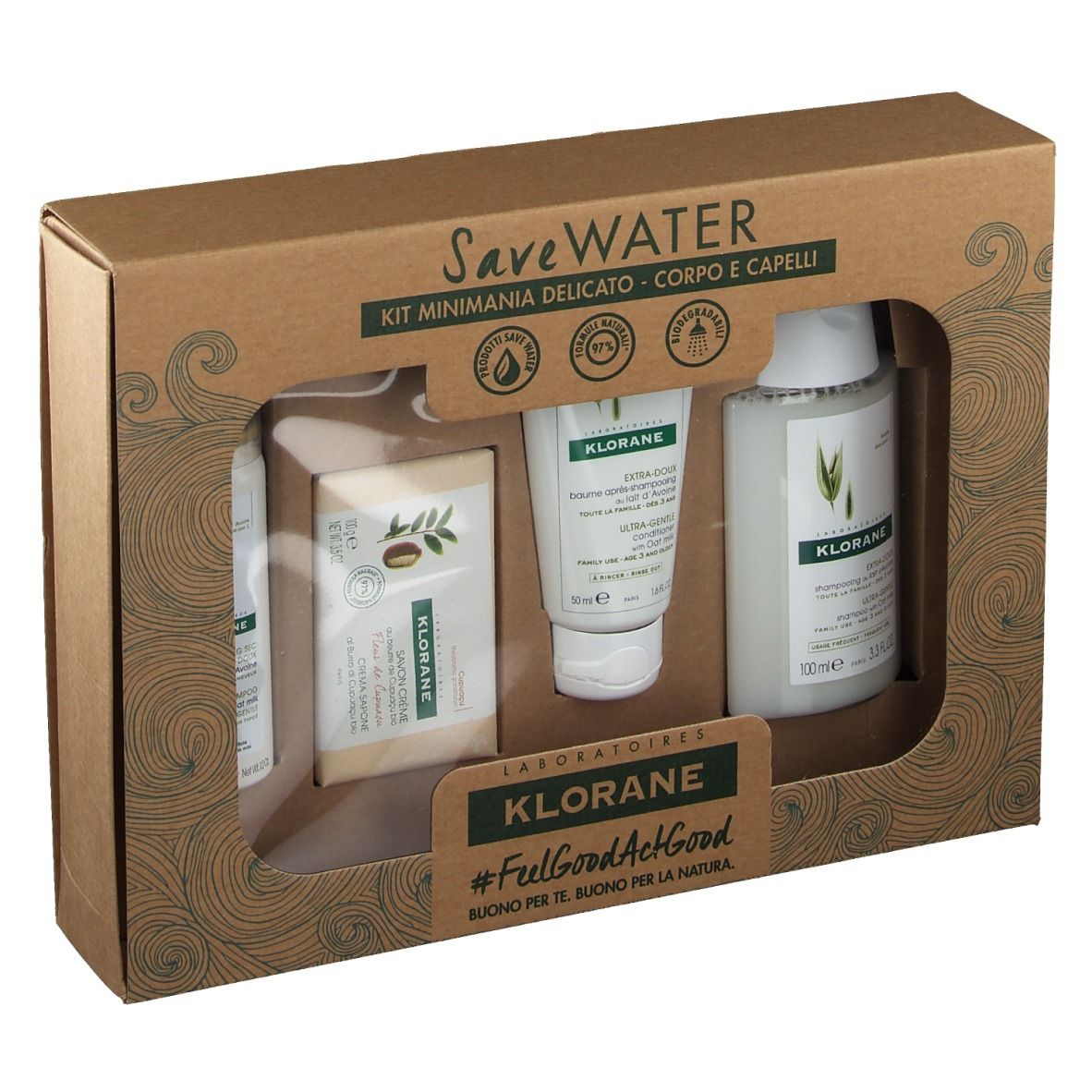 Set regalo KLORANE con quattro prodotti: flacone, sapone, tubo e flacone. Confezione in cartone.