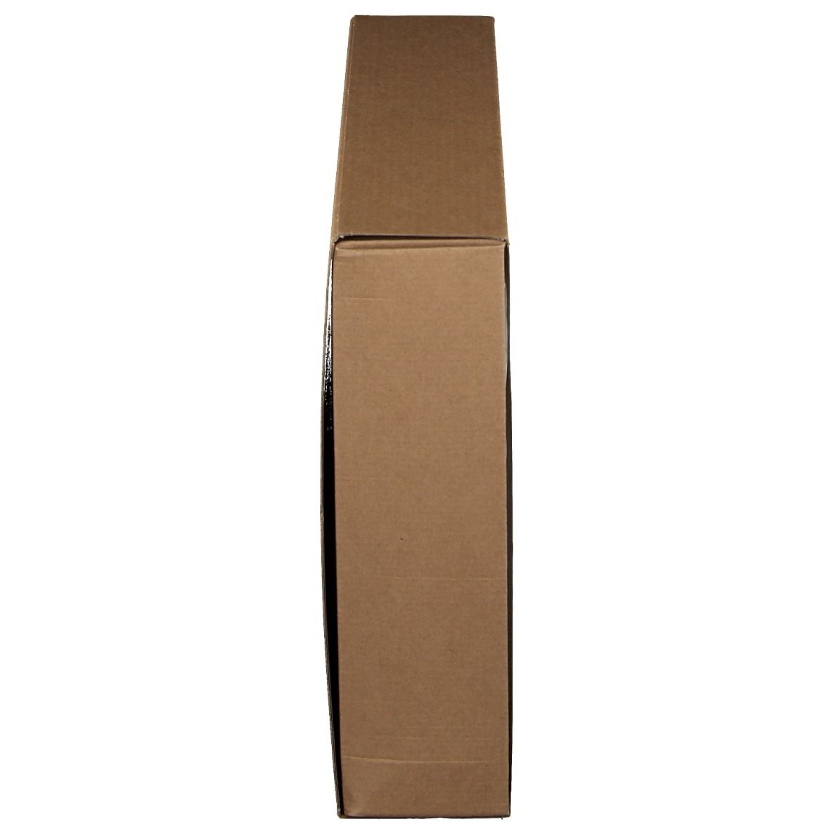 Confezione in cartone rettangolare marrone, vista laterale. Coperchio chiuso.