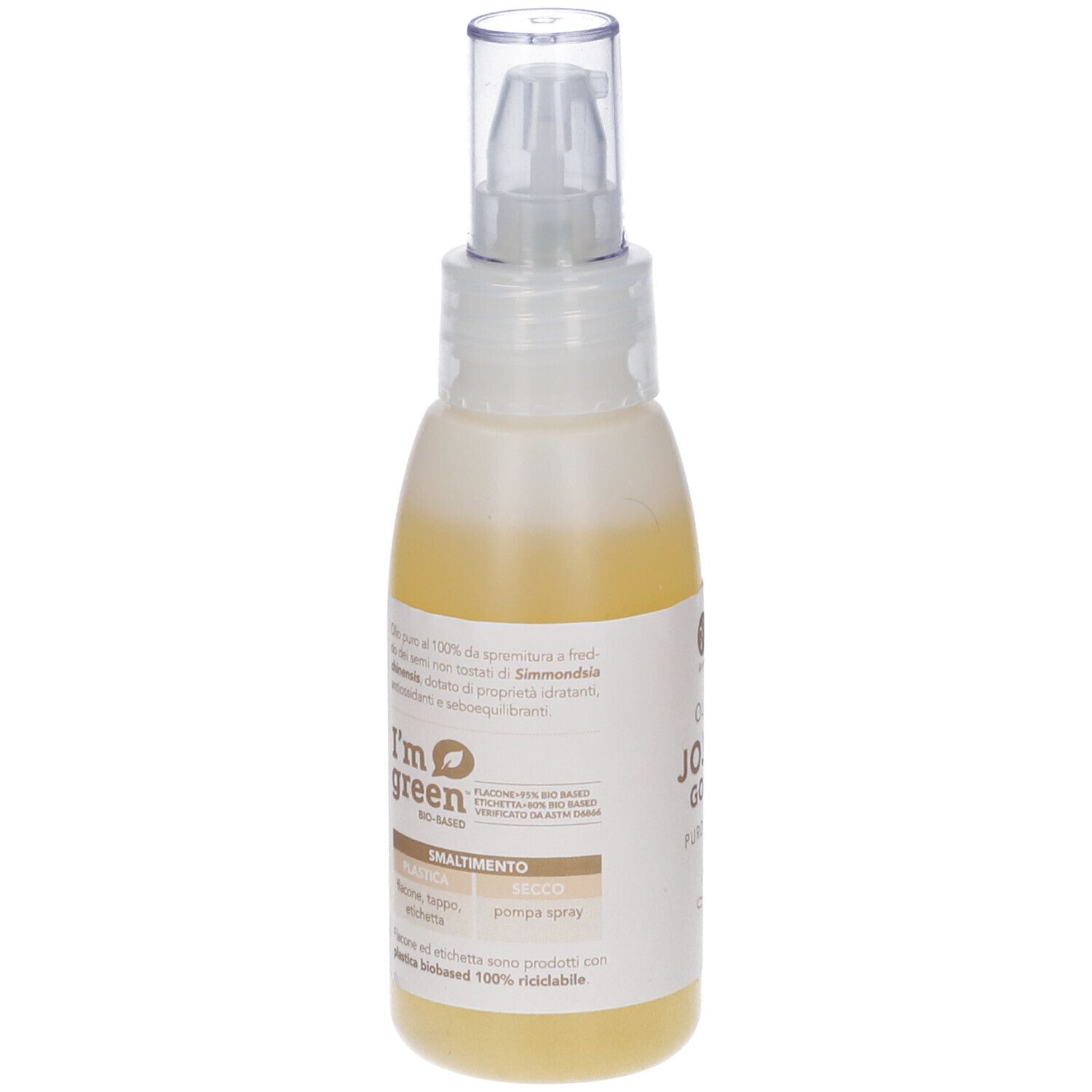Retro del flacone spray con testo. Scritta: Olio di Jojoba Golden, puro al 100%.