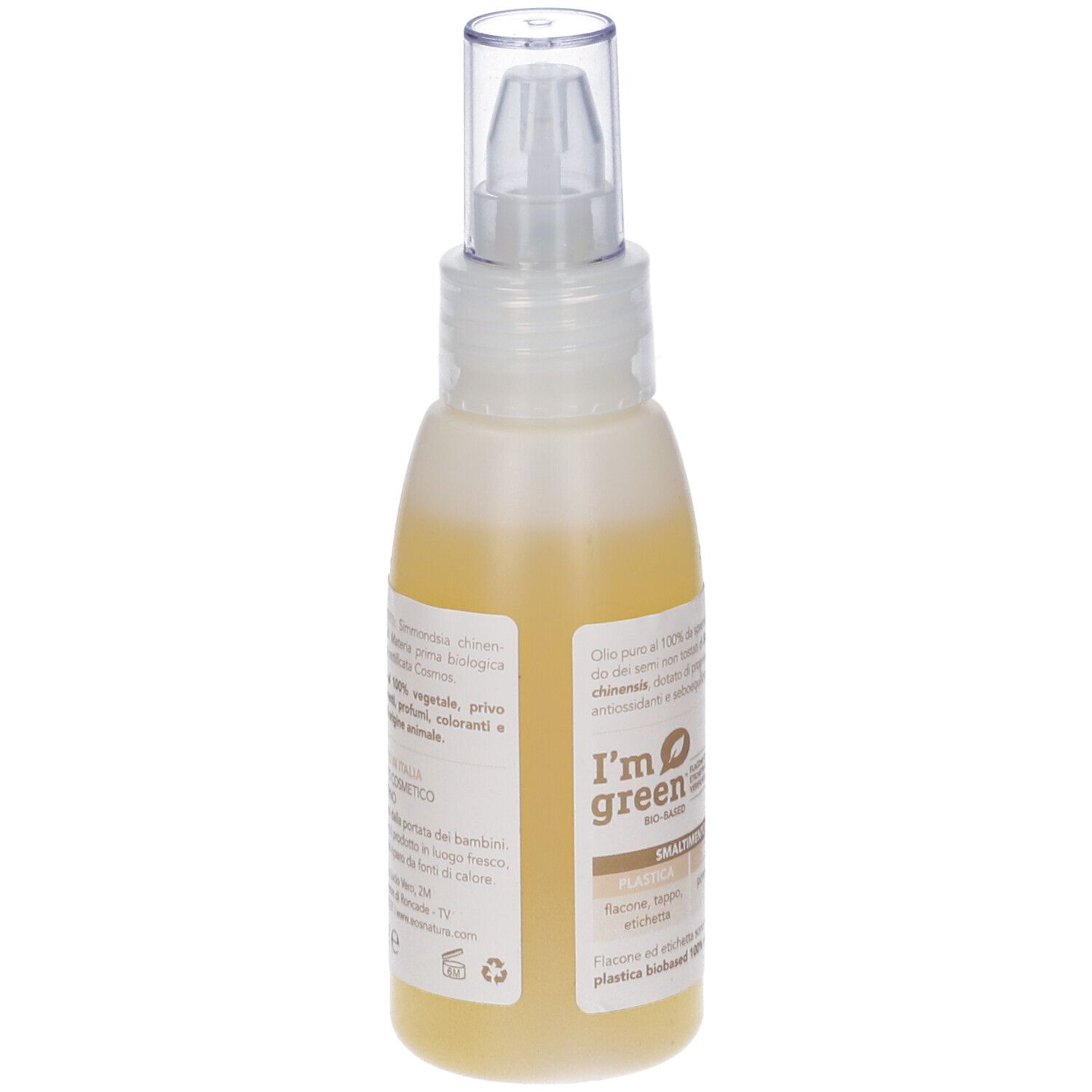 Retro del flacone spray con testo. Scritta: Olio di Jojoba Golden, puro al 100%.