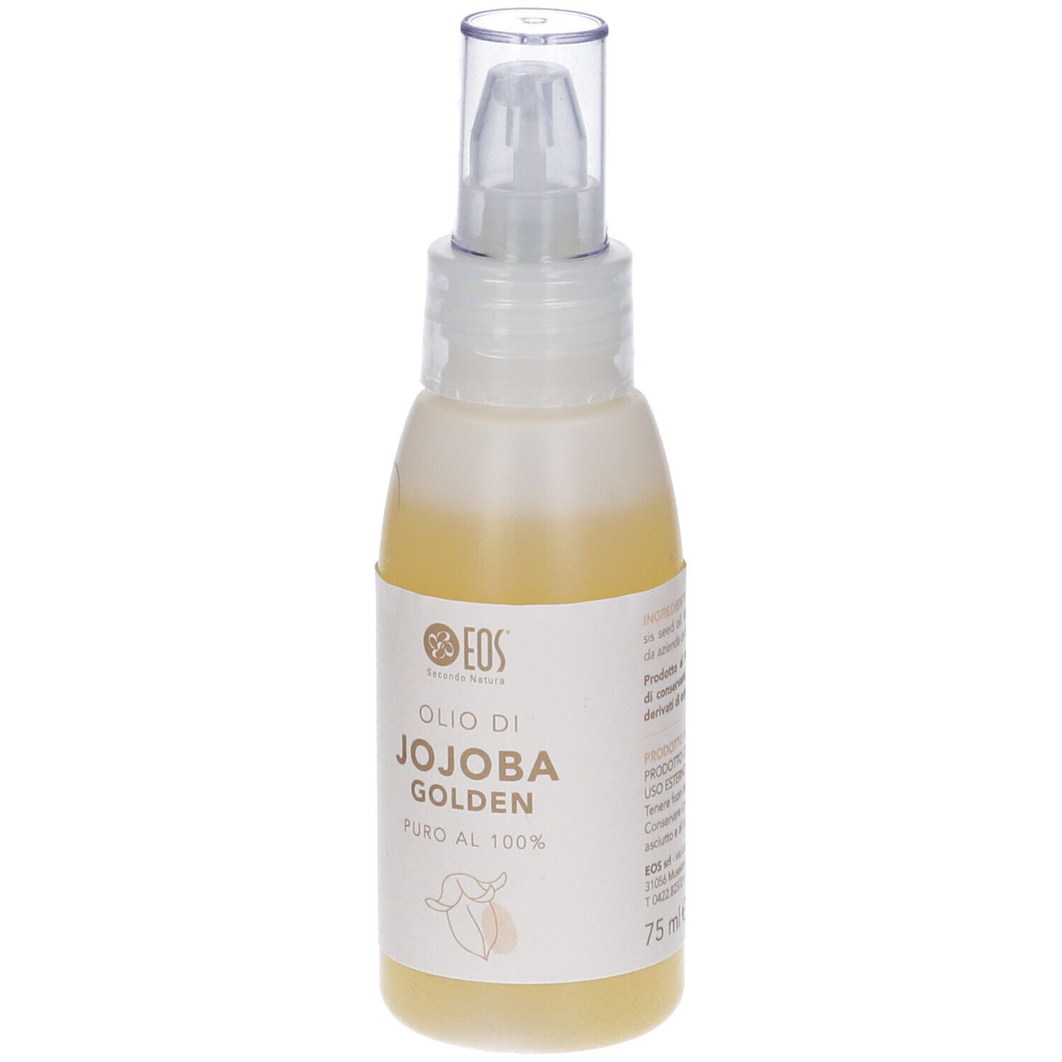Flacone spray con testo. Scritta: Olio di Jojoba Golden, puro al 100%.