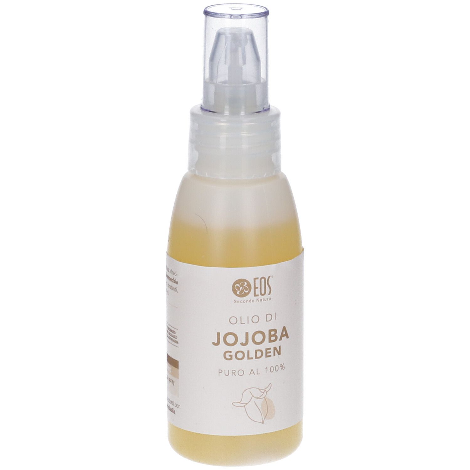 Flacone spray con testo. Scritta: Olio di Jojoba Golden, puro al 100%.