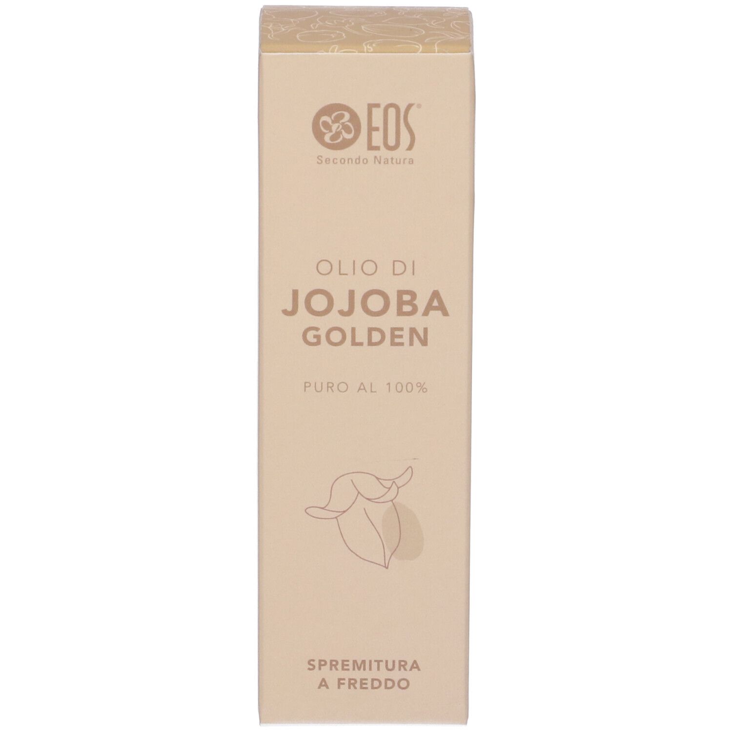 Scatola con testo. Scritta: Olio di Jojoba Golden, puro al 100%.