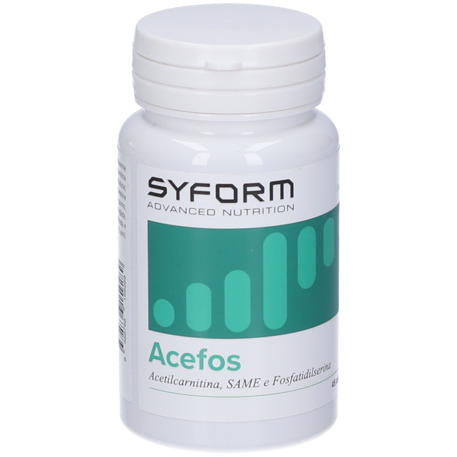 Flacone bianco con tappo a vite. Etichetta con campo verde, logo e nome del prodotto Acefos. 45 capsule.