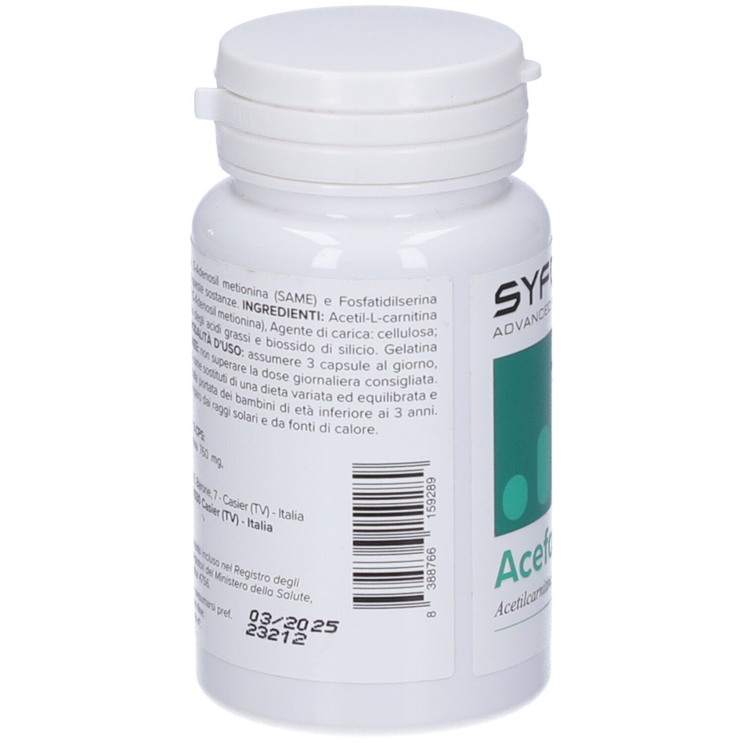 Flacone bianco con tappo a vite. Etichetta con campo verde, logo e nome del prodotto Acefos. 45 capsule.