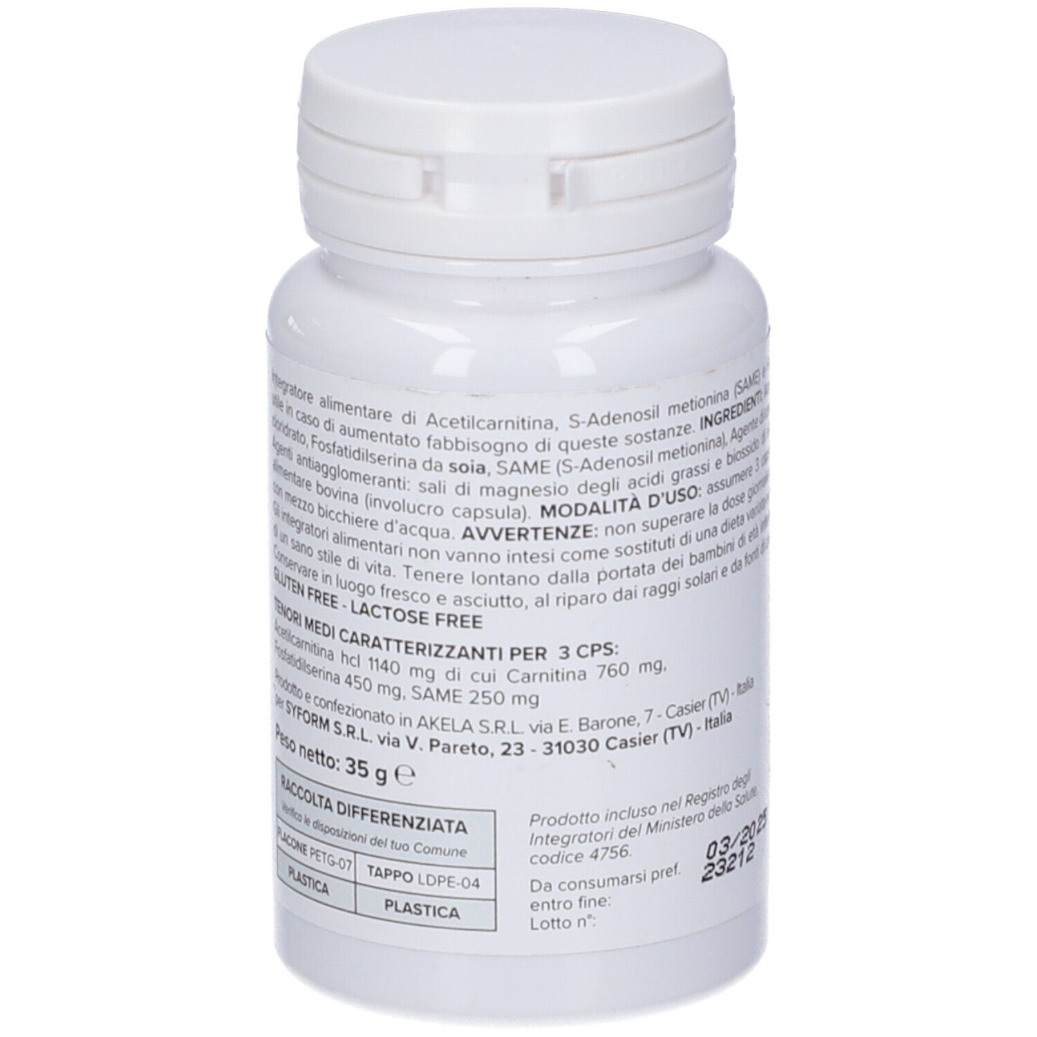 Flacone bianco con tappo a vite. Etichetta con campo verde, logo e nome del prodotto Acefos. 45 capsule.