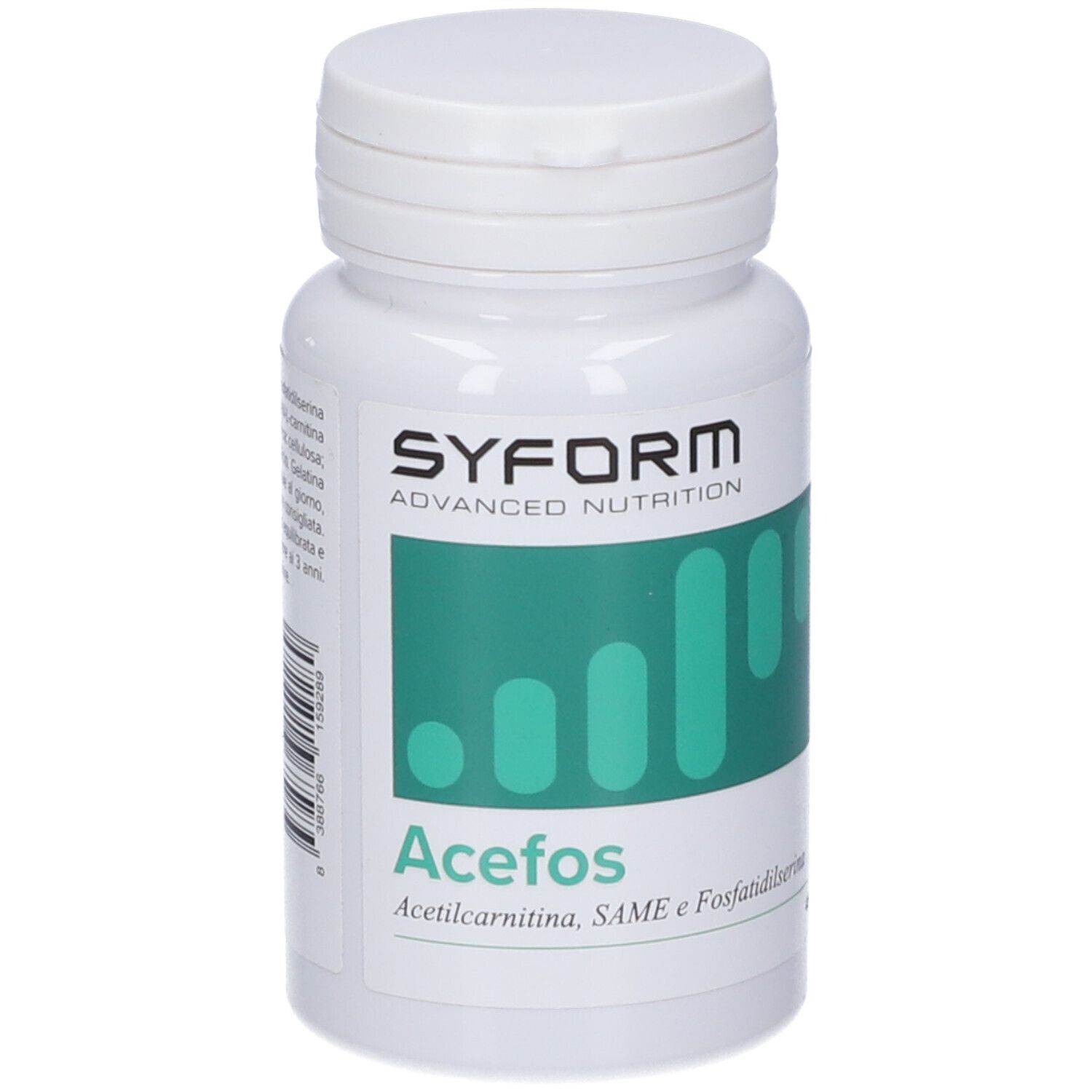 Flacone bianco con tappo a vite. Etichetta con campo verde, logo e nome del prodotto Acefos. 45 capsule.