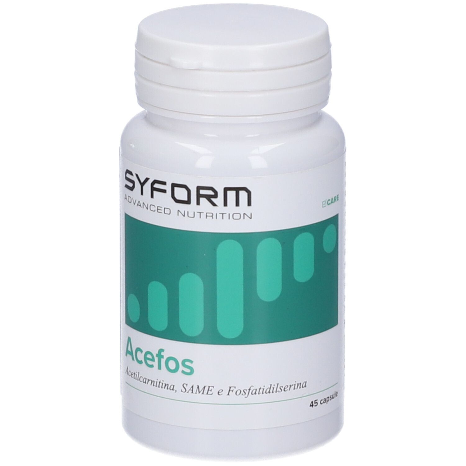 Flacone bianco con tappo a vite. Etichetta con campo verde, logo e nome del prodotto Acefos. 45 capsule.