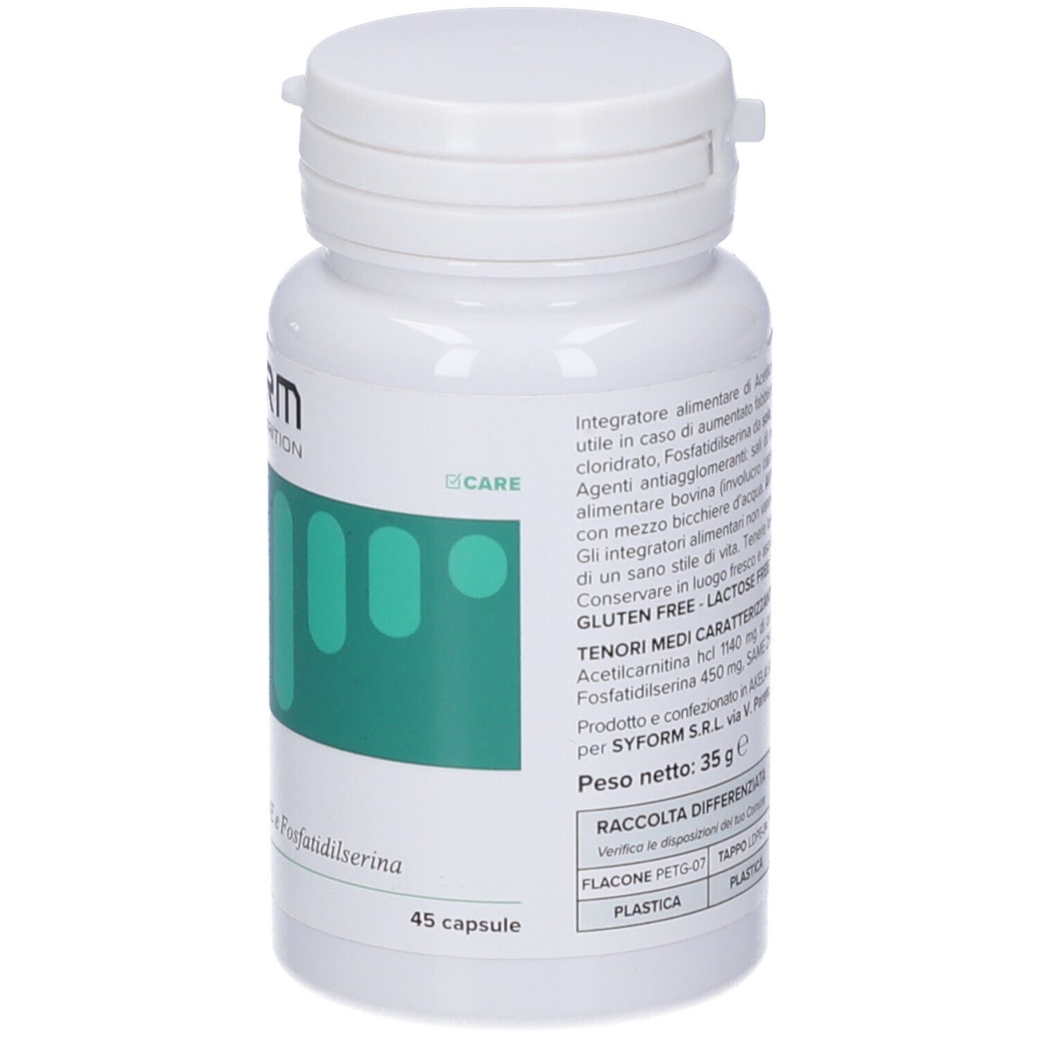 Flacone bianco con tappo a vite. Etichetta con campo verde, logo e nome del prodotto Acefos. 45 capsule.