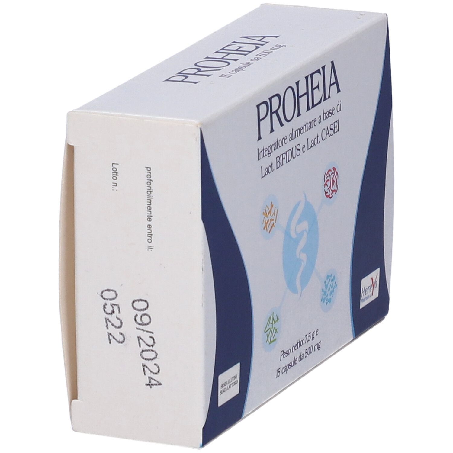 Scatola "Proheia" con stampa. Contiene 15 capsule. Scadenza: 09/2024.