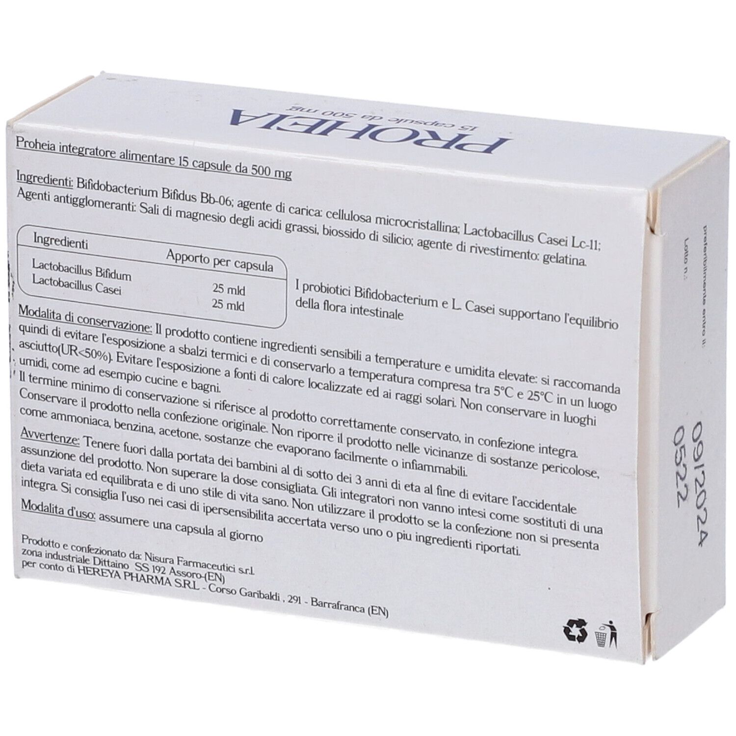 Retro della scatola "Proheia". Contiene informazioni sugli ingredienti e l'uso.