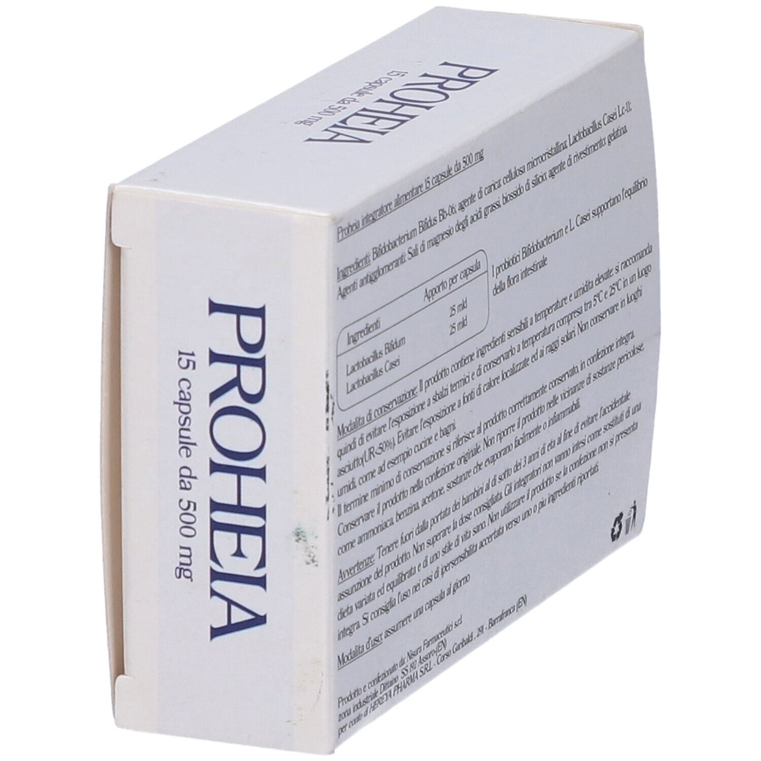 Scatola "Proheia" con stampa. Contiene 15 capsule. Informazioni sul prodotto sul lato.