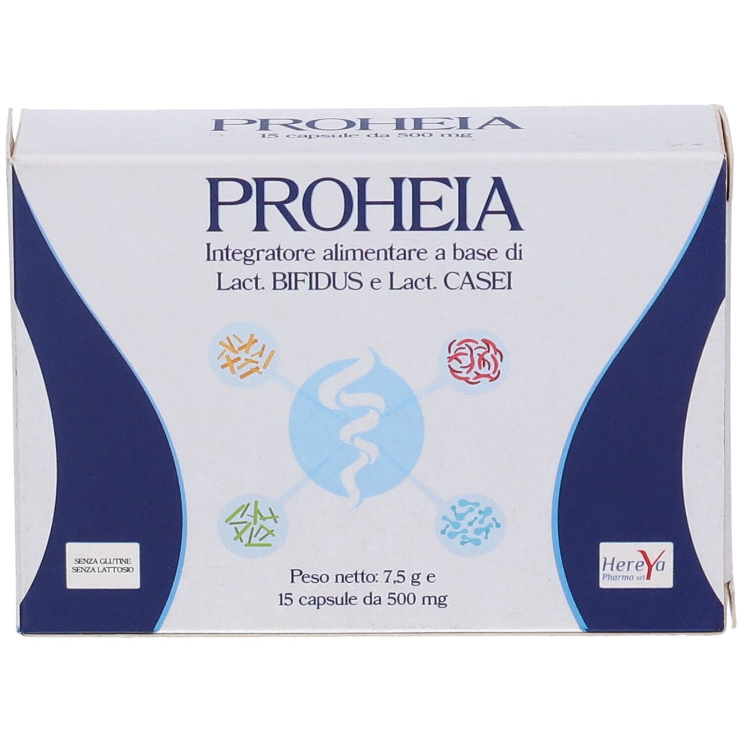 Scatola "Proheia" con stampa. Contiene 15 capsule. Scritto "Integratore alimentare".