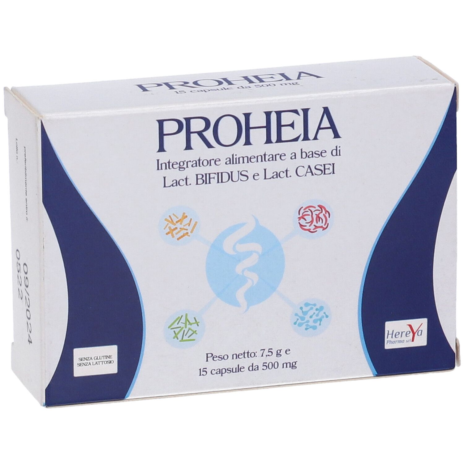 Scatola "Proheia" con stampa. Contiene 15 capsule. Scritto "Integratore alimentare".