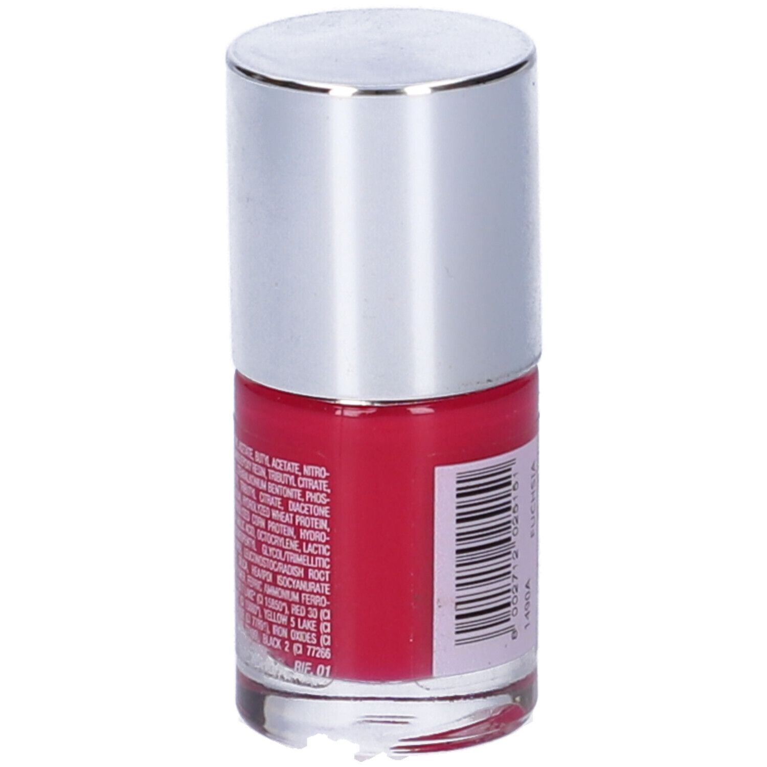 Flacone di smalto rosso, tappo argentato. Retro con ingredienti e codice a barre.