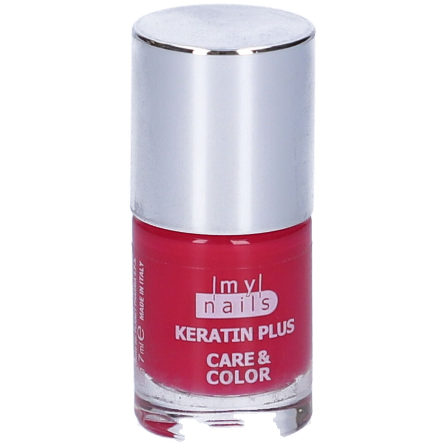 Flacone di smalto rosso, tappo argentato. Scritta: Keratin Plus Care & Color, 7ml, Made in Italy.