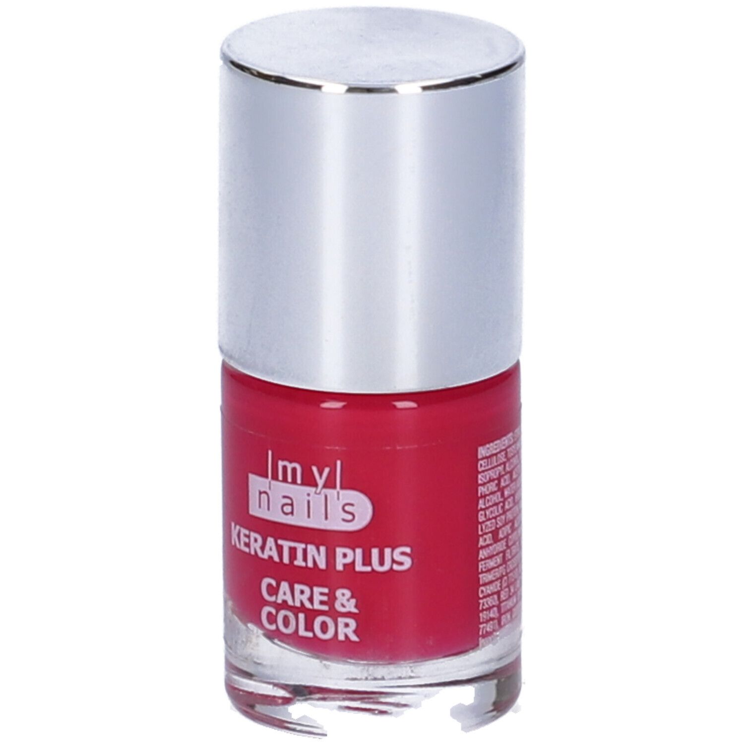 Flacone di smalto rosso, tappo argentato. Scritta: Keratin Plus Care & Color, 7ml, Made in Italy.