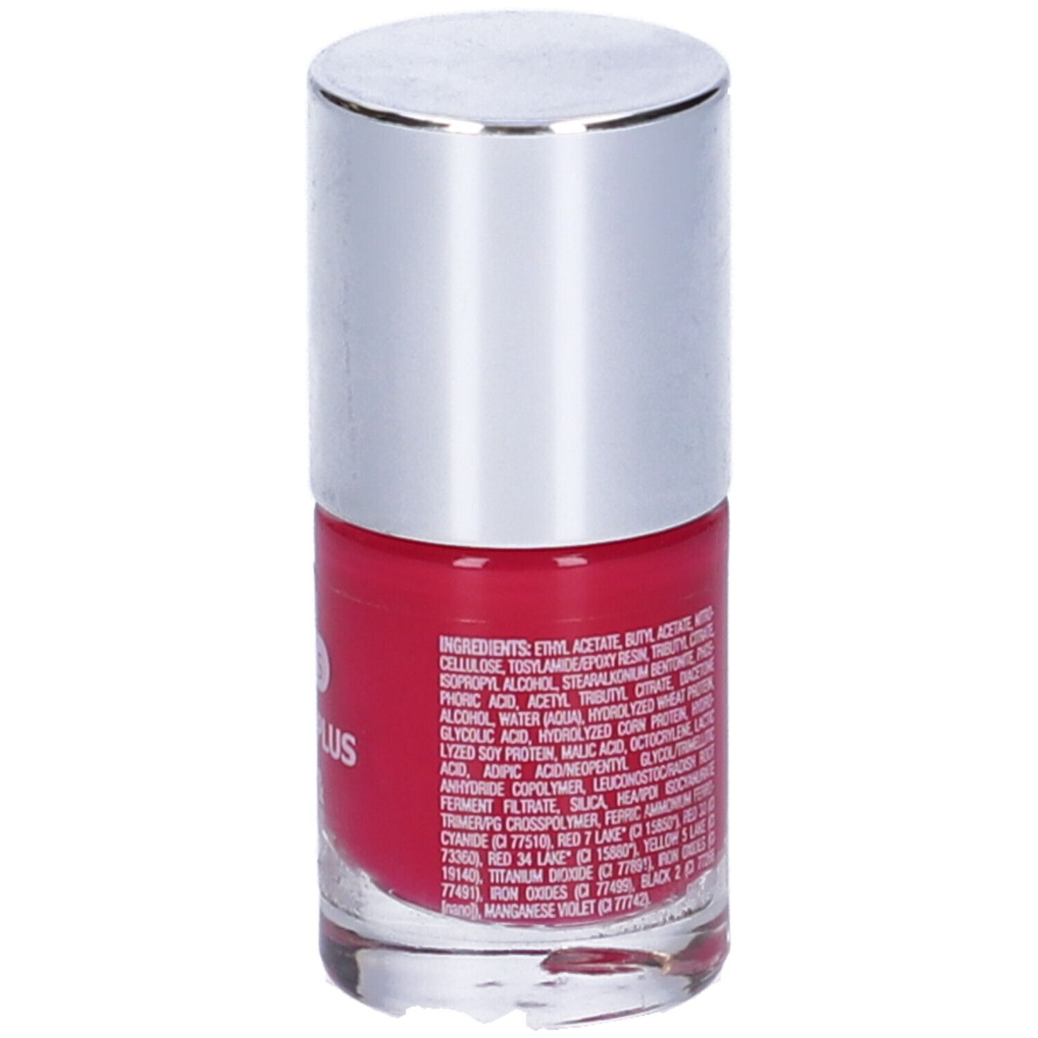 Flacone di smalto rosso, tappo argentato. Retro con ingredienti.