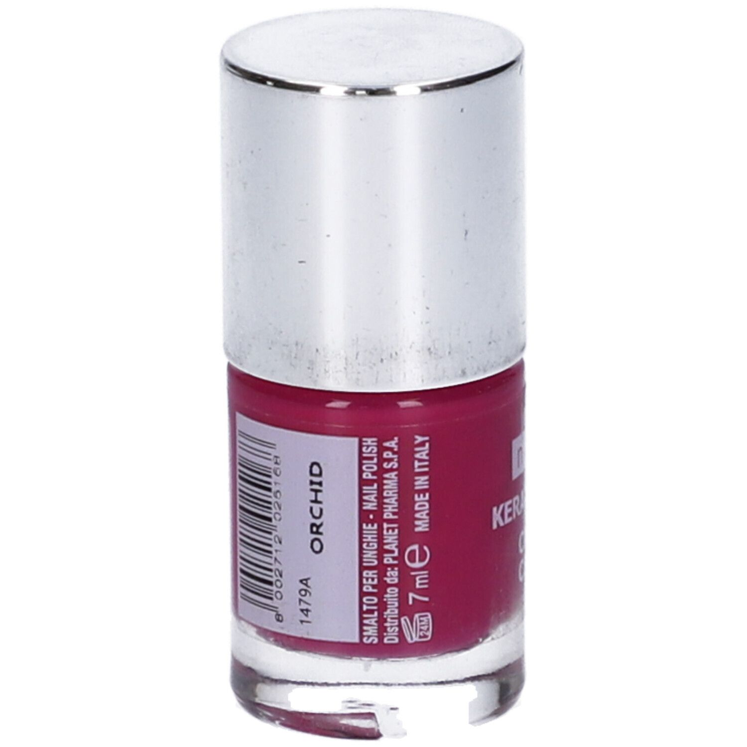 Flacone di smalto per unghie con tappo argentato. Scritta: Orchid. Etichetta con ingredienti.
