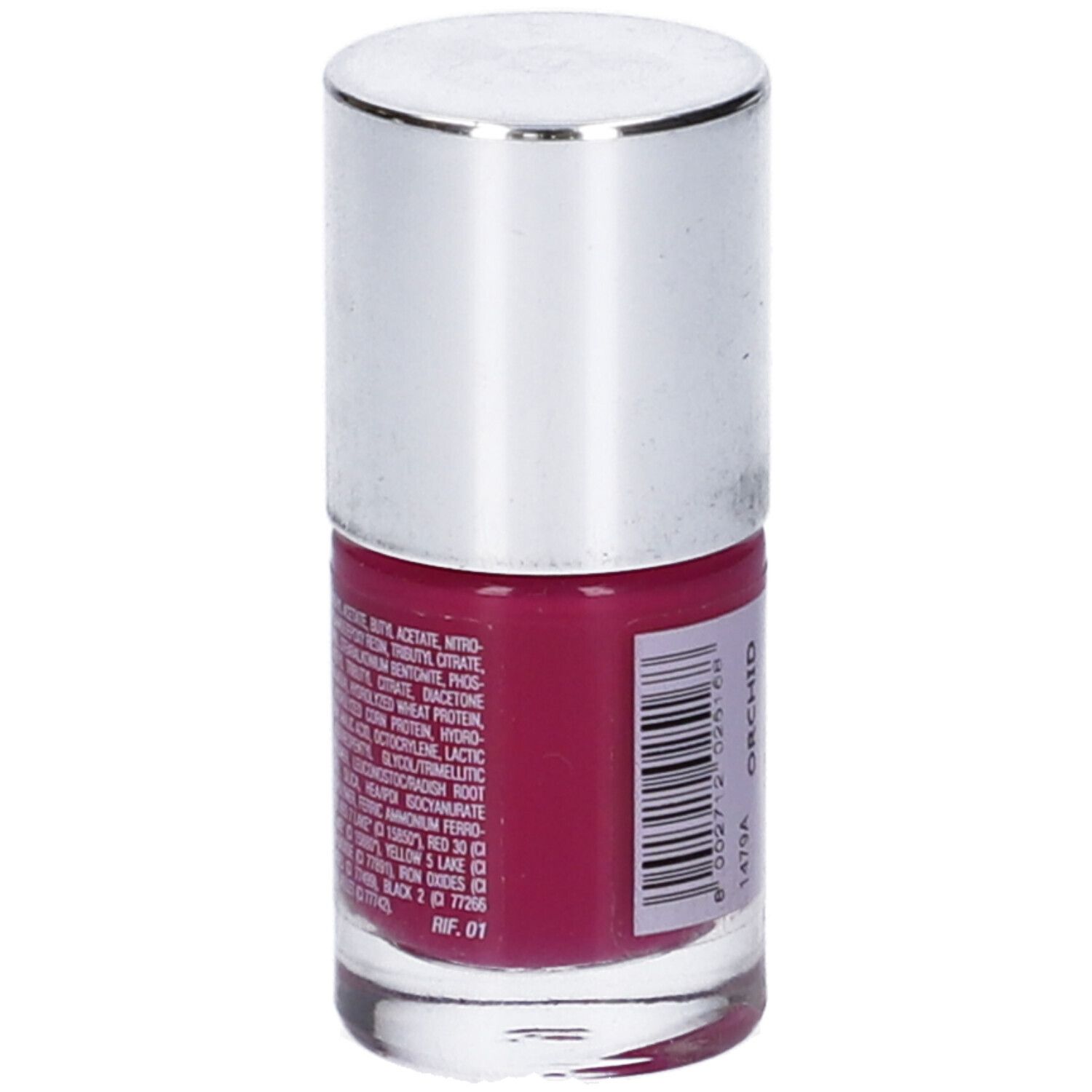 Flacone di smalto per unghie con tappo argentato. Retro con ingredienti e codice a barre.