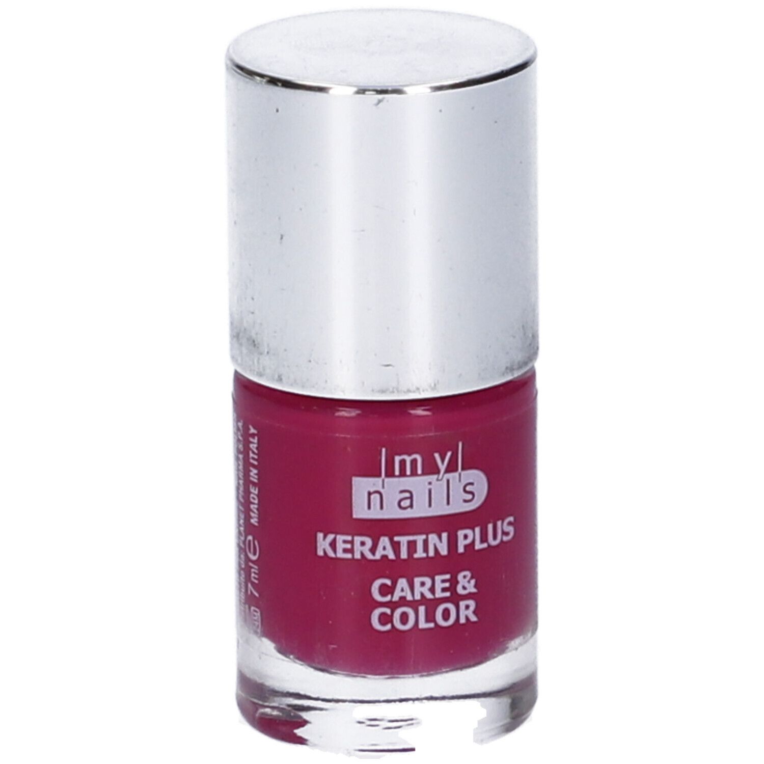 Flacone di smalto per unghie con tappo argentato. Scritta: Keratin Plus Care & Color.