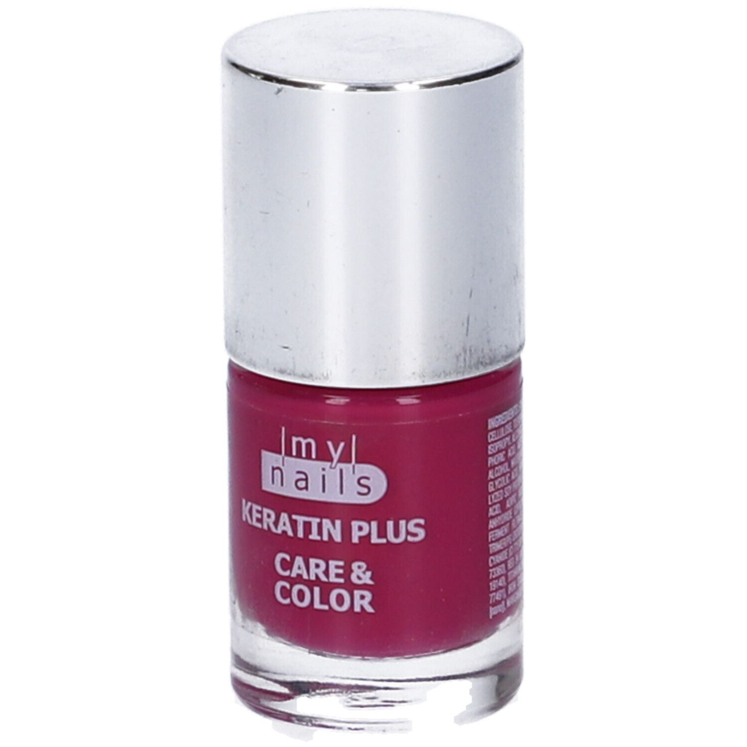 Flacone di smalto per unghie con tappo argentato. Scritta: Keratin Plus Care & Color.