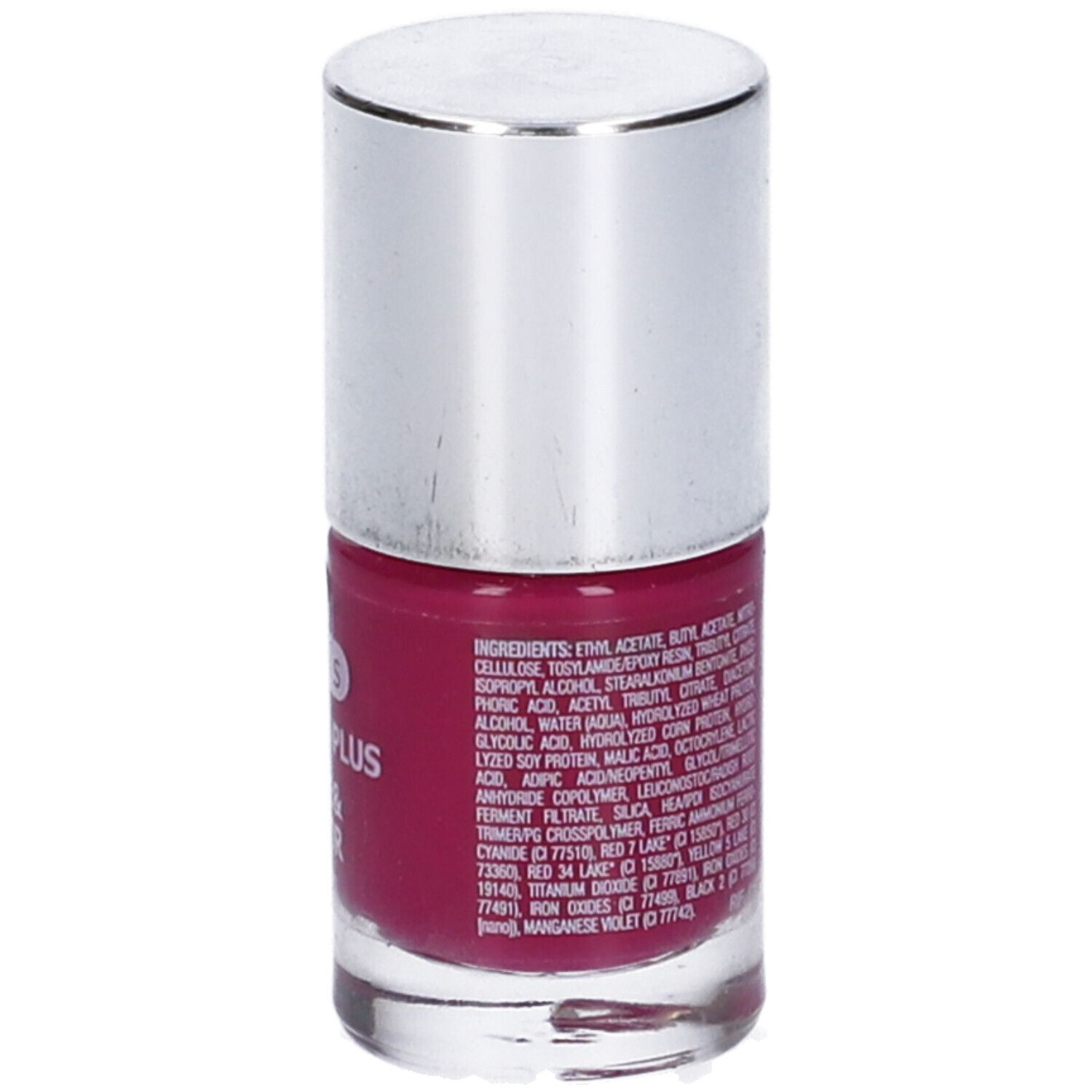 Flacone di smalto per unghie con tappo argentato. Retro con ingredienti.