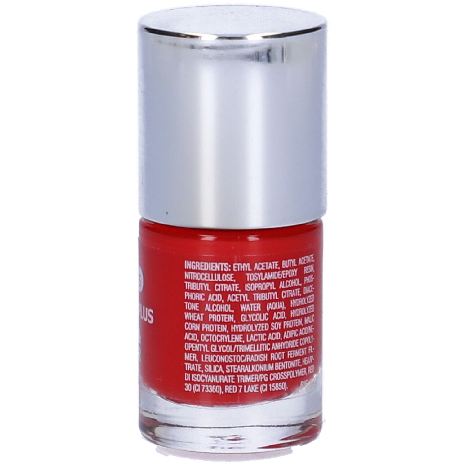 Flacone di smalto rosso con tappo argentato. Scritta: Keratin Plus Care & Color. Ingredienti.
