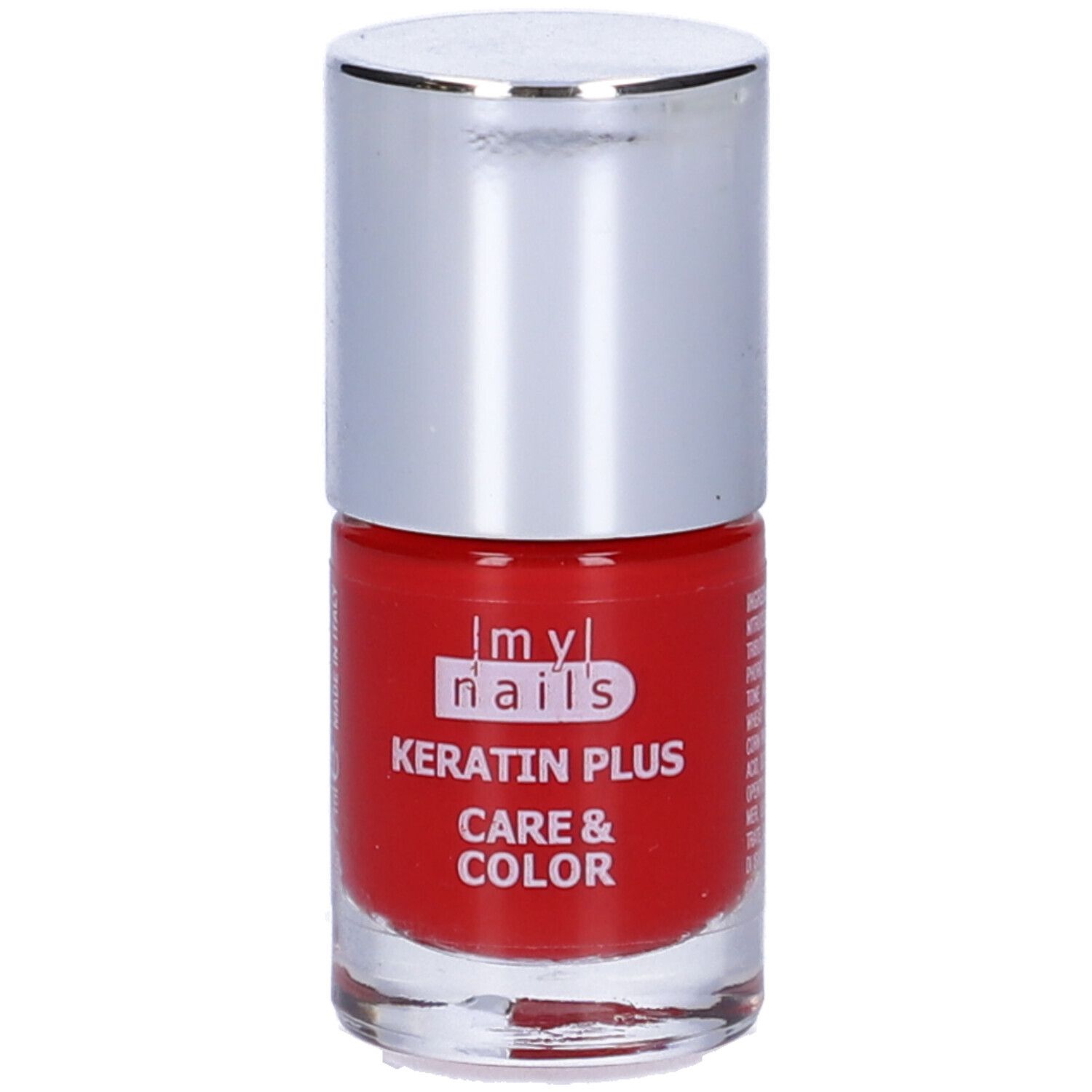 Flacone di smalto rosso con tappo argentato. Scritta: Keratin Plus Care & Color.
