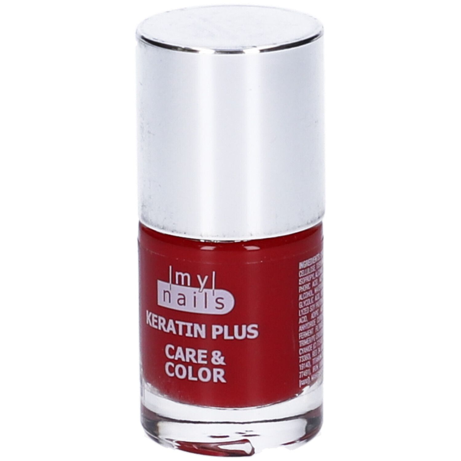 Flacone di smalto rosso, tappo argentato. Scritta: Keratin Plus Care & Color, 7 ml.
