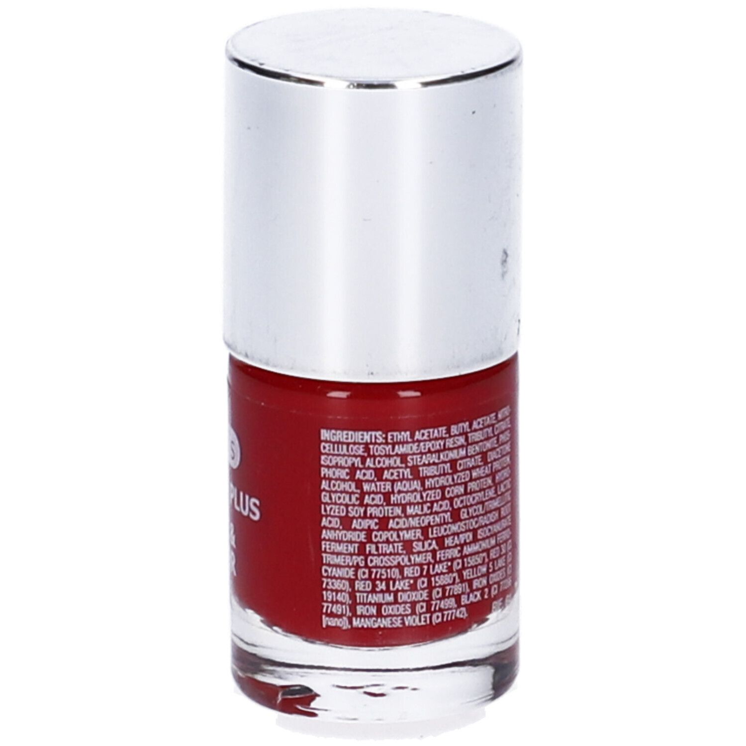 Flacone di smalto rosso, tappo argentato. Retro con ingredienti e codici colore.