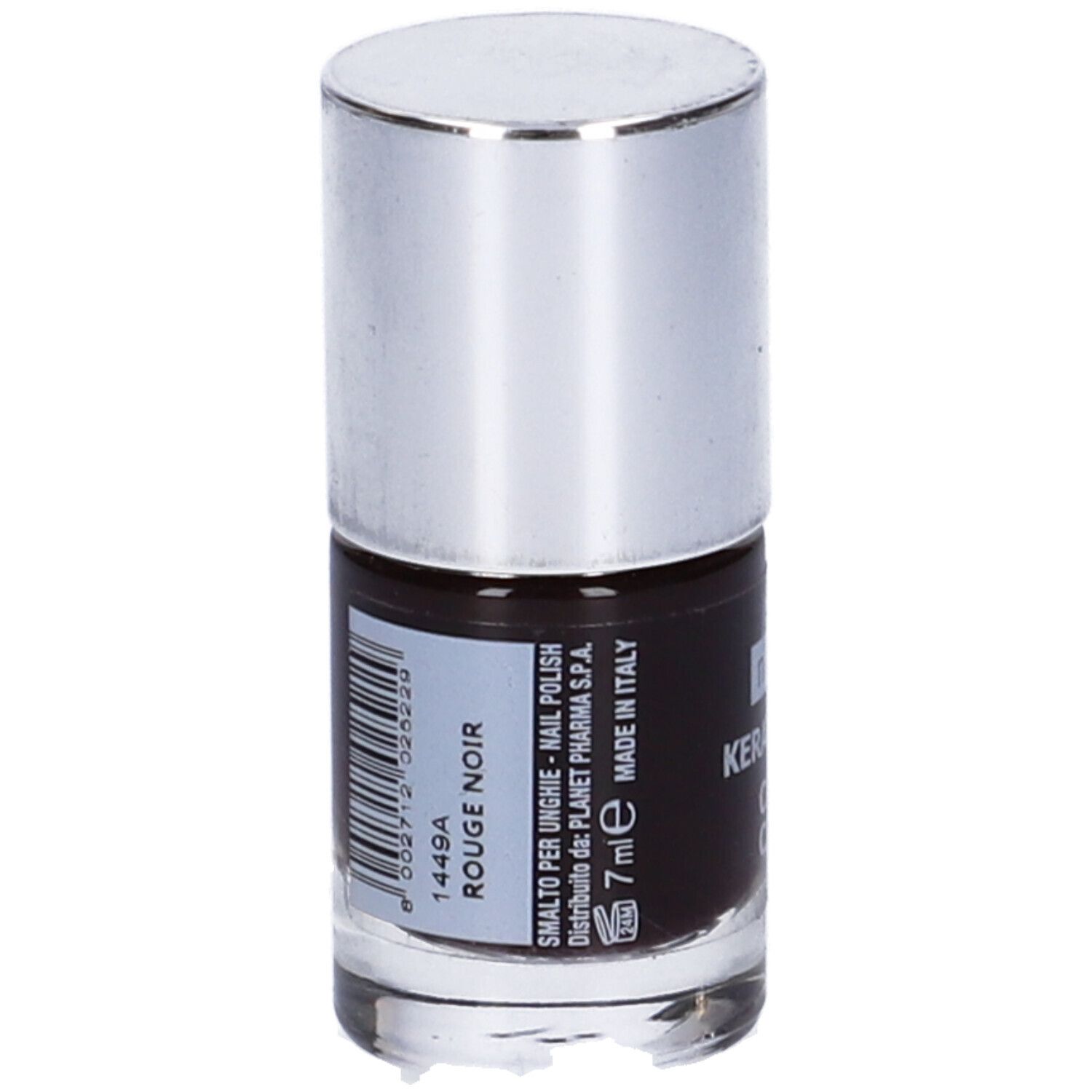 Flacone di smalto con tappo argentato. Scritta: Rouge Noir, 7ml.