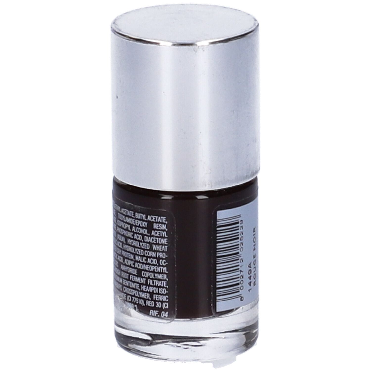 Flacone di smalto con tappo argentato. Retro con ingredienti e codice a barre.