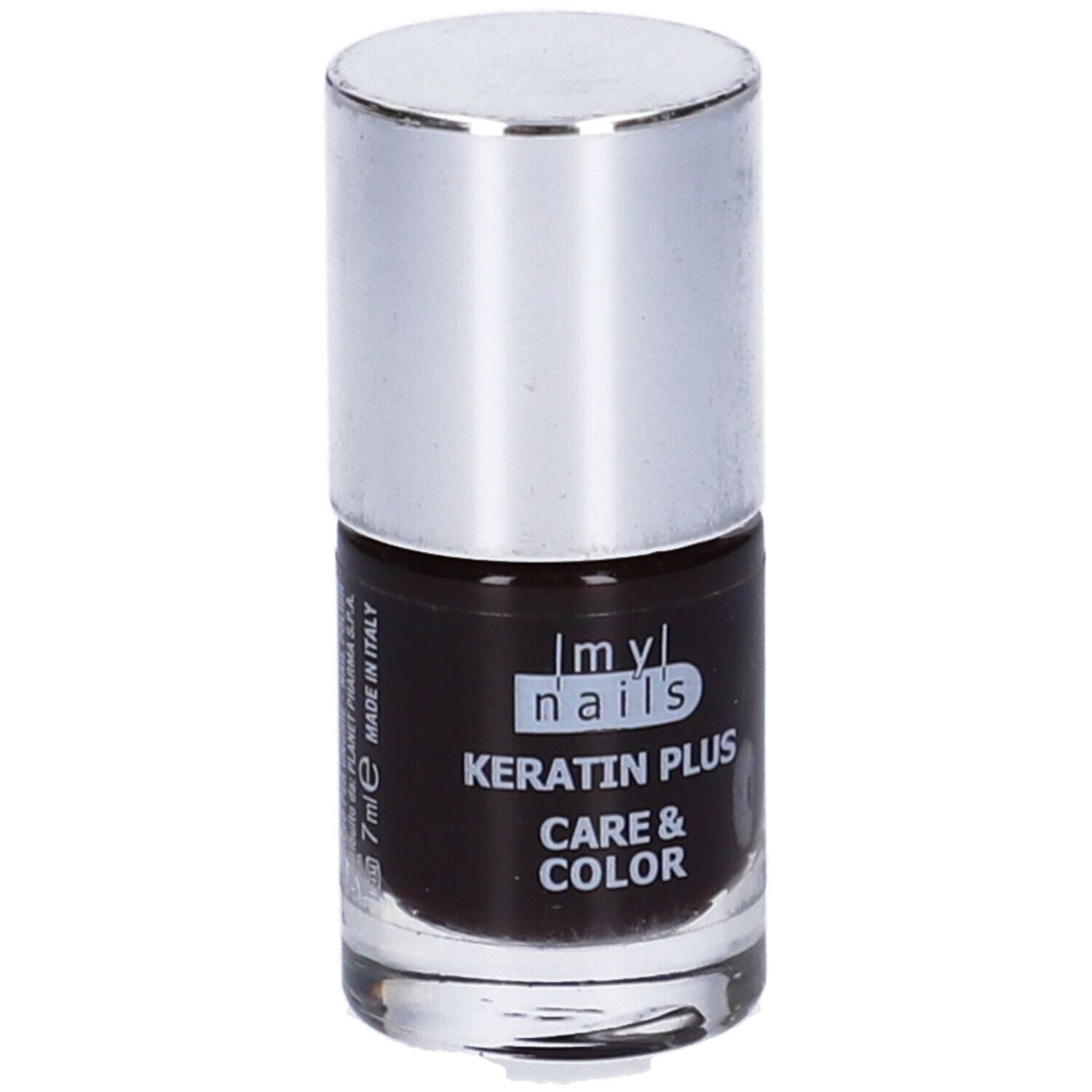 Flacone di smalto con tappo argentato. Scritta: Keratin Plus Care & Color.