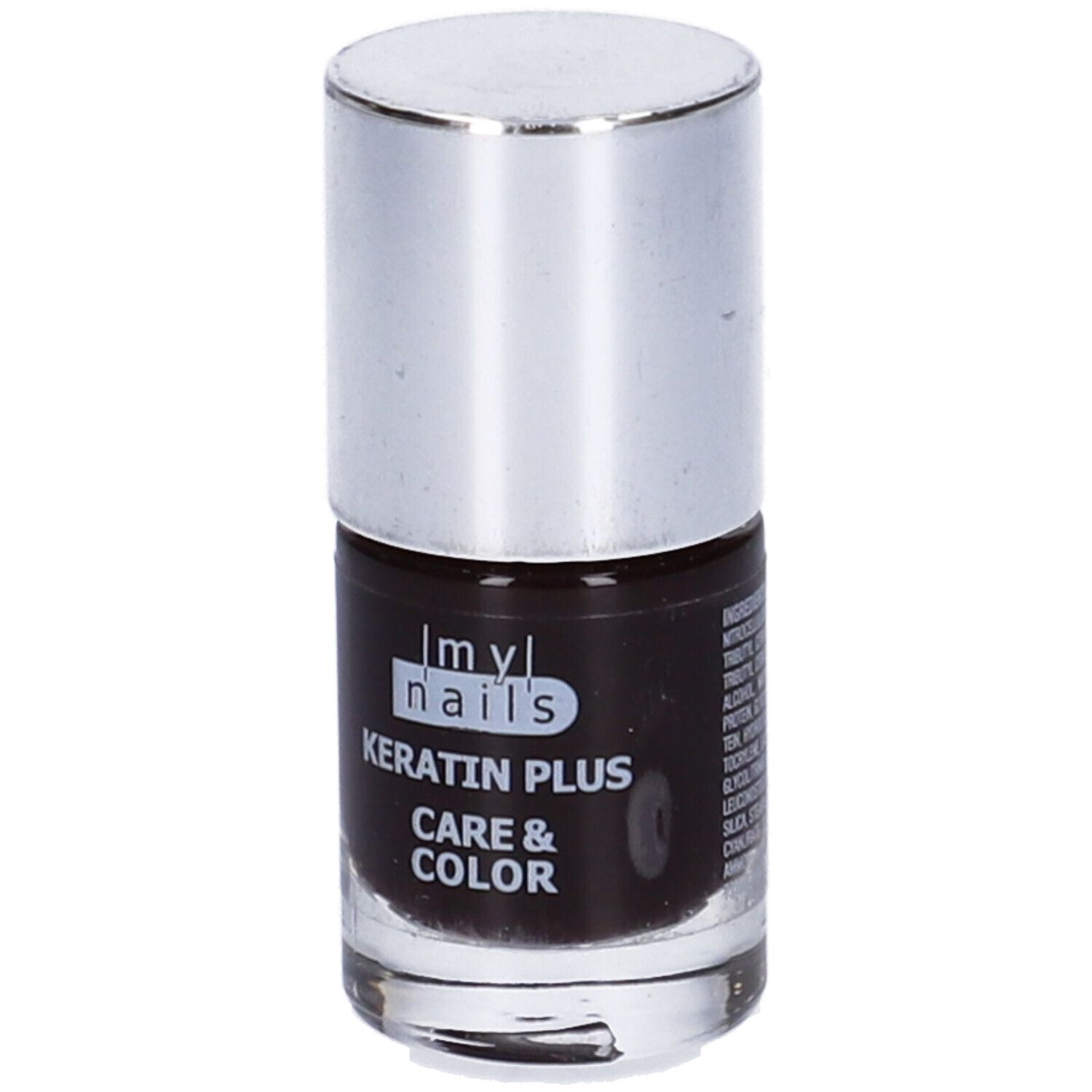 Flacone di smalto con tappo argentato. Scritta: Keratin Plus Care & Color.