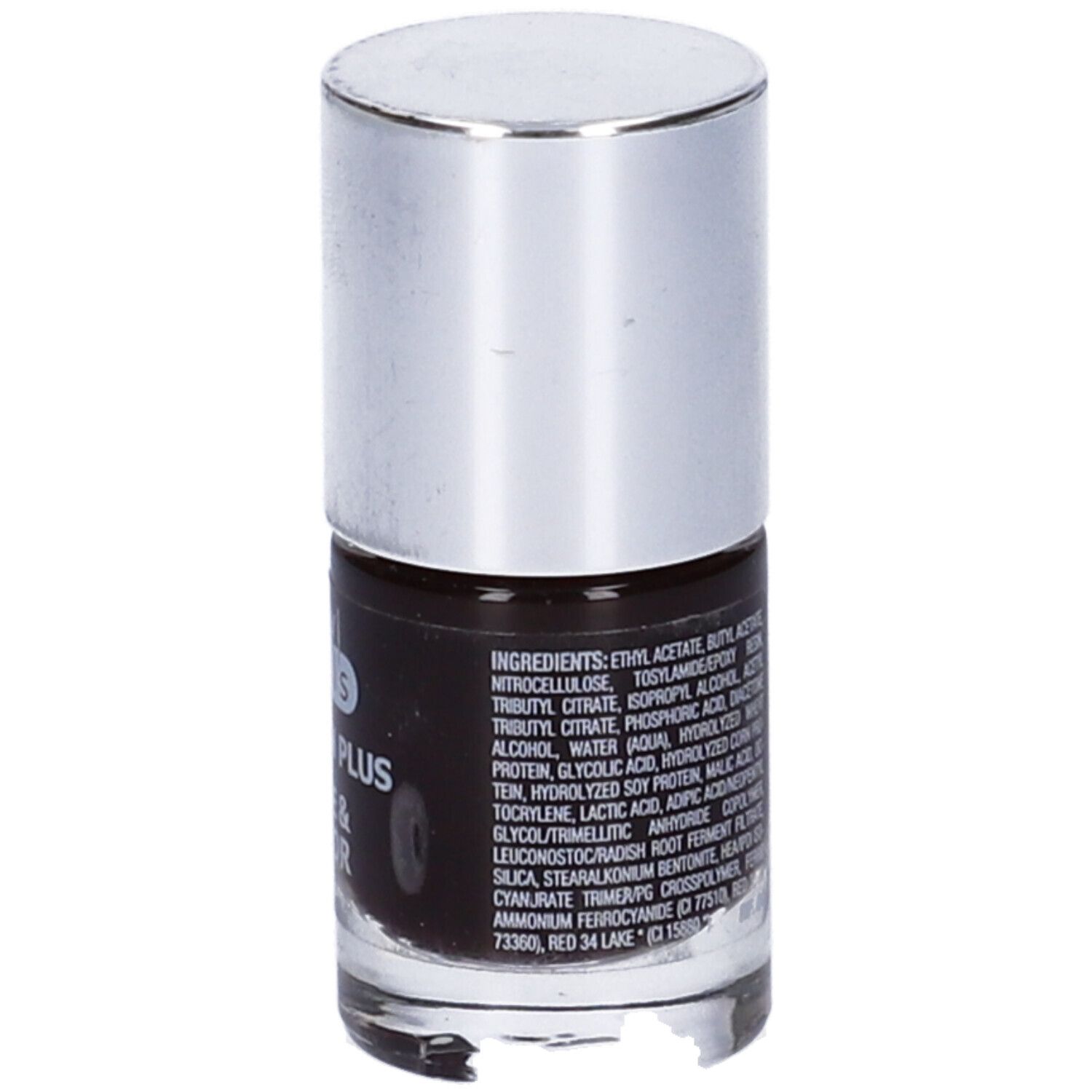 Flacone di smalto con tappo argentato. Retro con ingredienti.