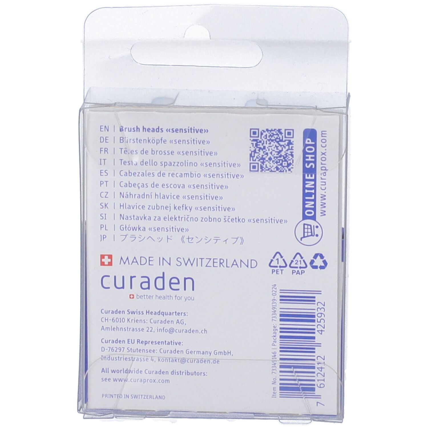 Retro della confezione con testo multilingue. Marchio: curaden. Con codice QR e simboli di riciclaggio.