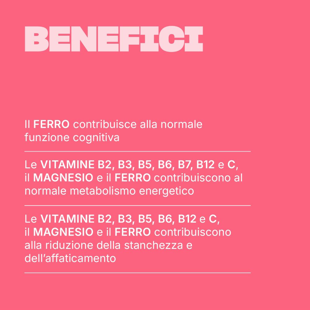 Informazioni sui benefici di ferro e vitamine del gruppo B per energia e metabolismo.