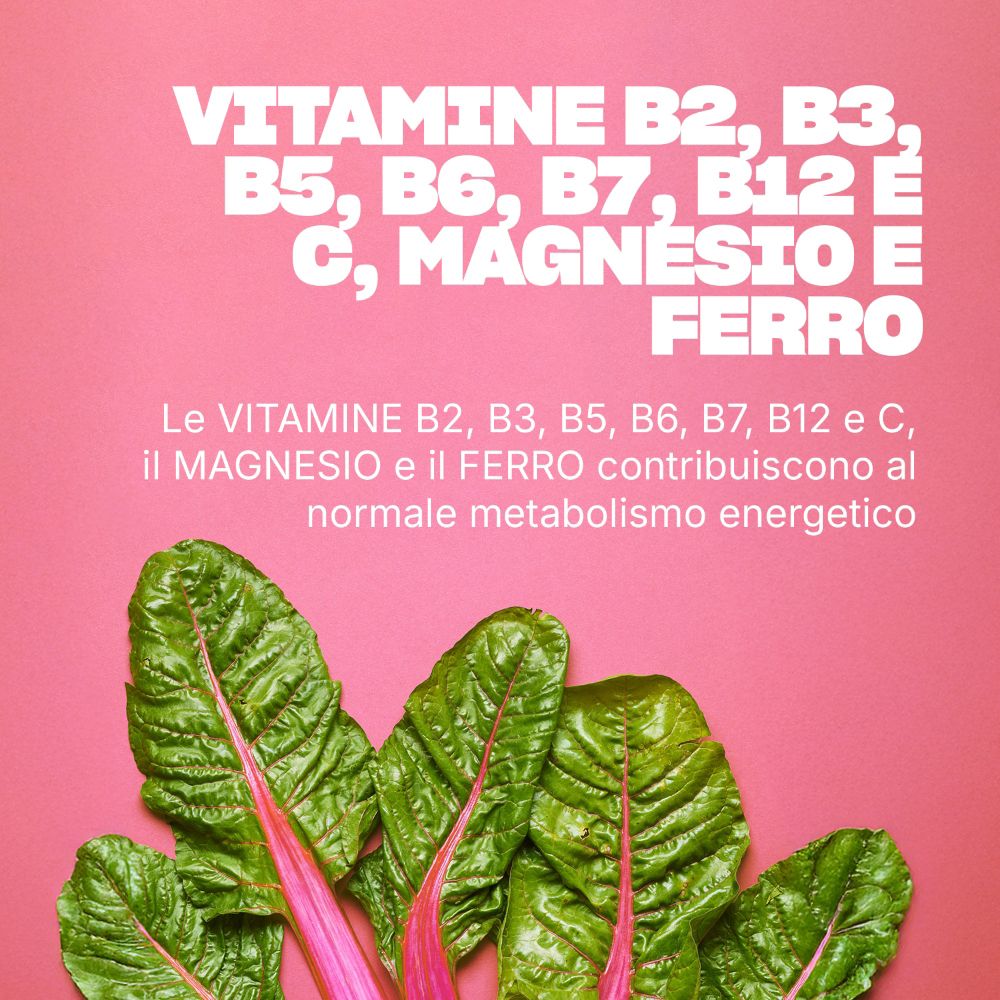 Vitamine B, magnesio e ferro per il metabolismo energetico, con illustrazione di bietole.